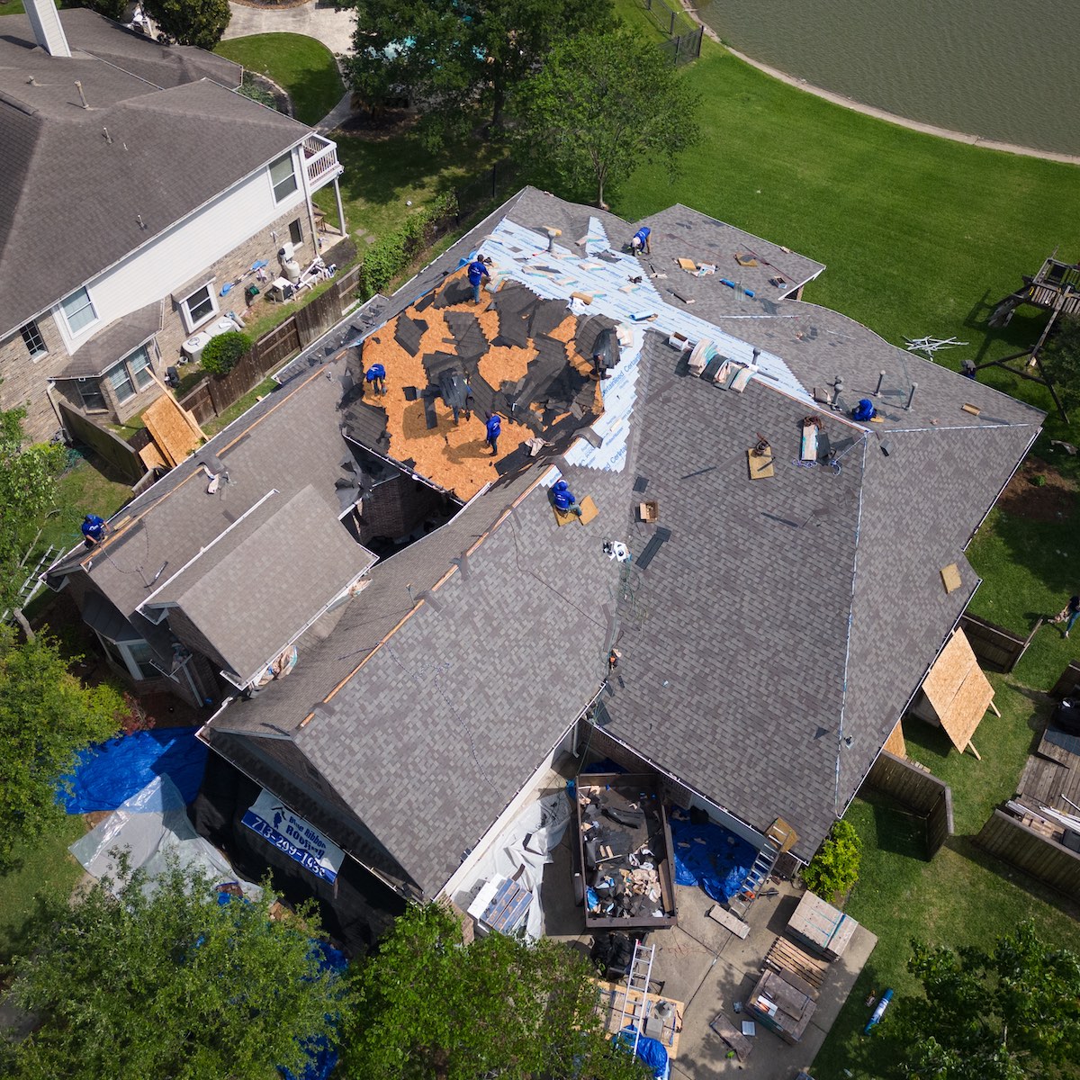 Aerial view of a full residential roof installation
