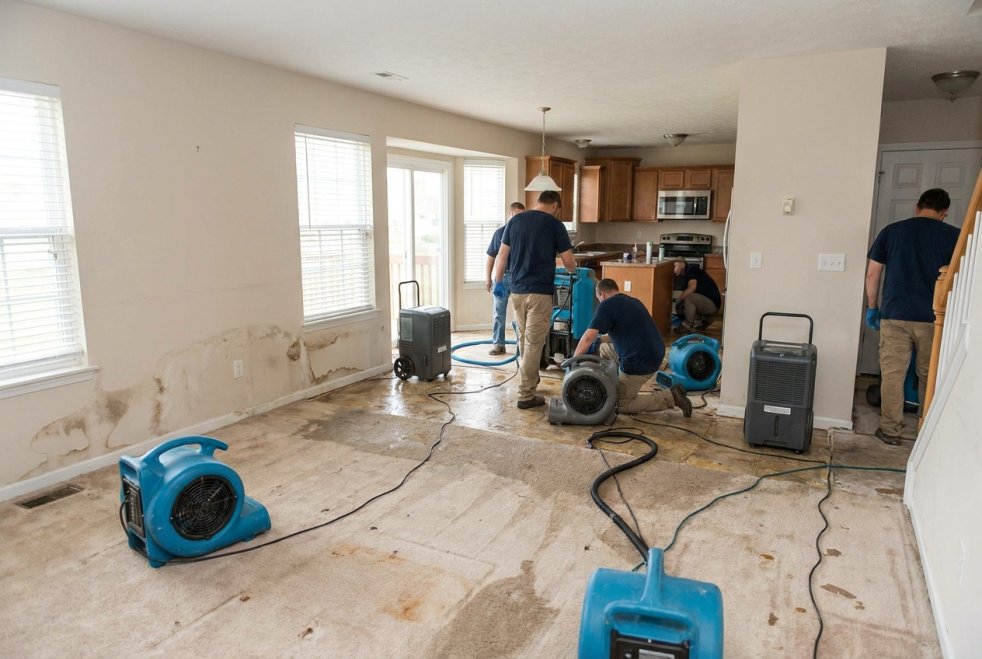 Crew using drying equipment in an affected room